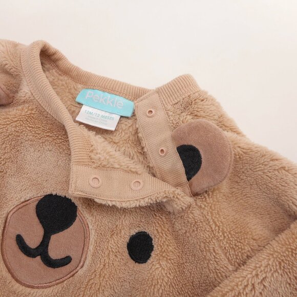 Pekkle Baby 12 Months Fuzzy Sweatshirt Teddy Bear Face Tan Pullover Cozy Cute - Picture 3 of 7
